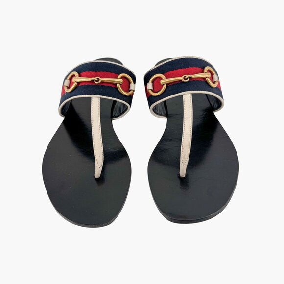 Gucci Horsebit Web Stripe Thong Flat Sandals White Flip Flop Size 38 US 8 Women - Picture 2 of 13